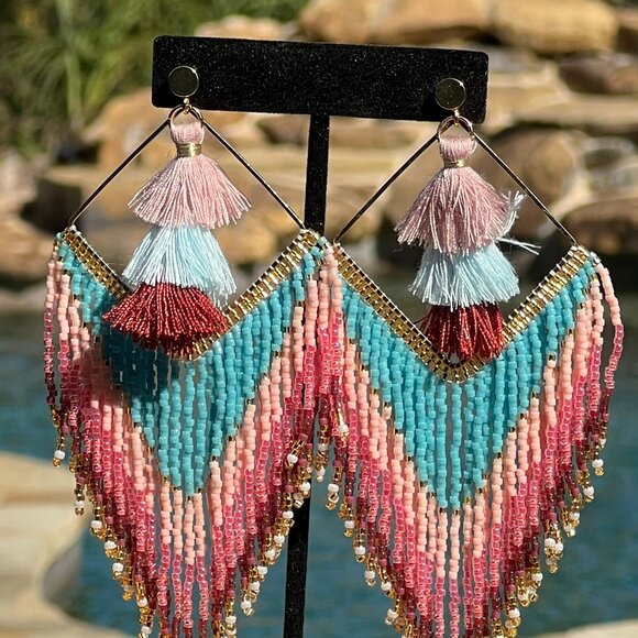 Handmade Beaded Long Tassel Fringe Dangle Drop Bohemian Post Diamond Earrings - Picture 7 of 9
